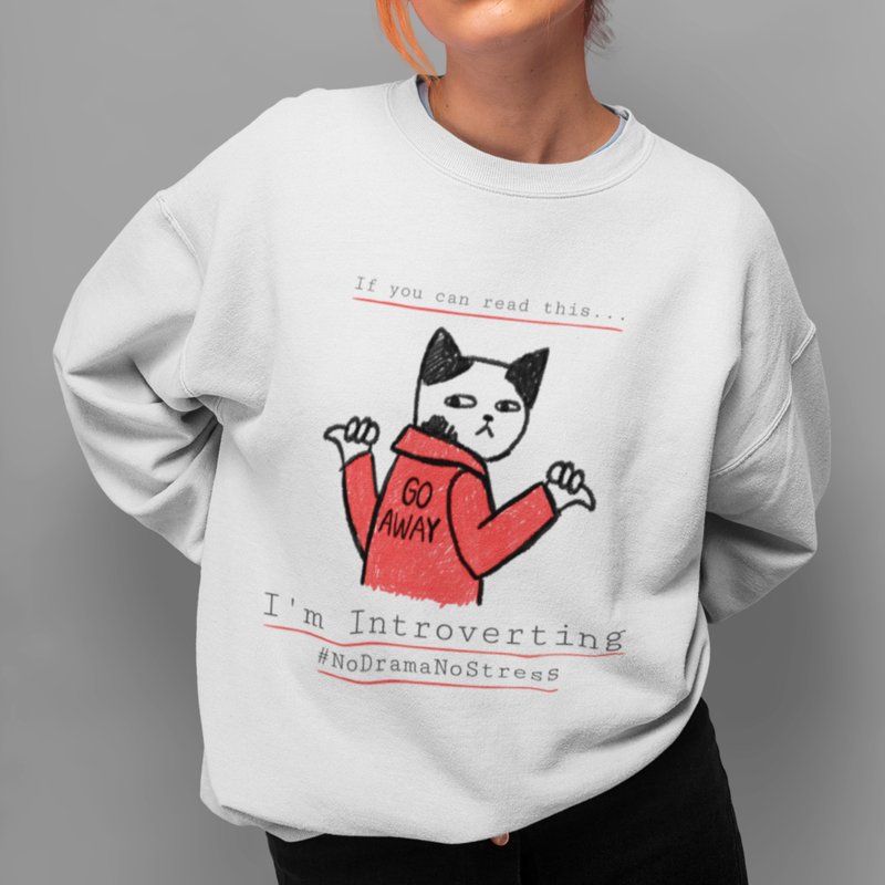 Introvert Cat Funny Cartoon 100% Cotton Japanese Streewear Unisex Sweatshirt - สเวตเตอร์ผู้ชาย - ผ้าฝ้าย/ผ้าลินิน หลากหลายสี