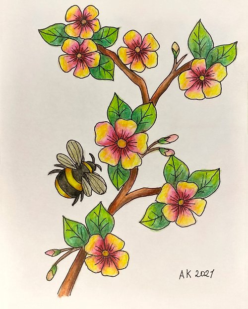 Anastasia Art - 独特的工艺 Bee and flower, watercolour painting, nature sketch, spring blossom artwork