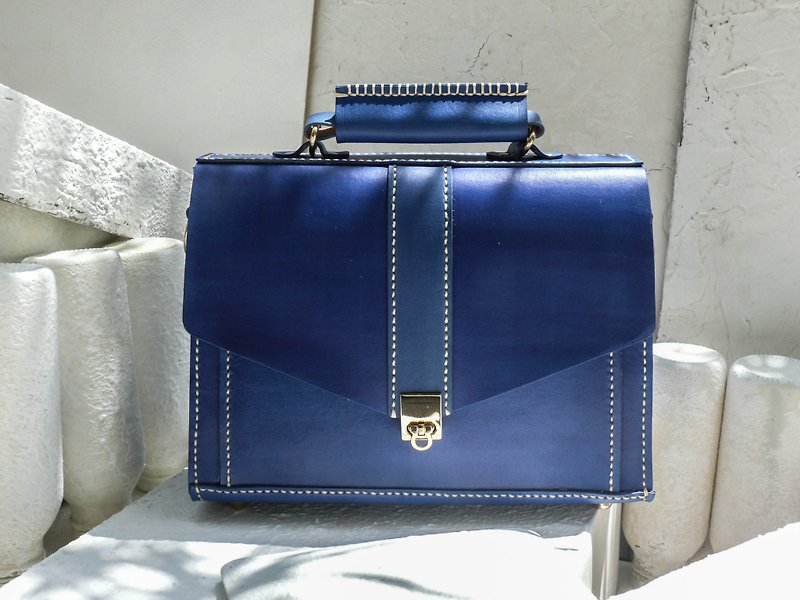 Non-impact bag navy blue vegetable tanned leather full leather small briefcase - กระเป๋าเอกสาร - หนังแท้ สีน้ำเงิน