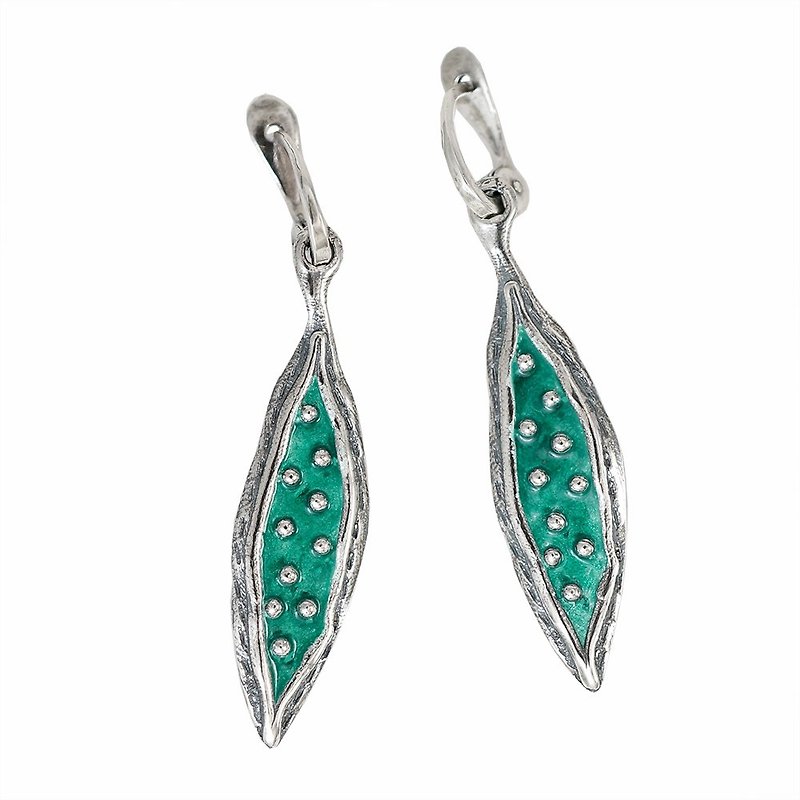 銀琺瑯耳環 | 民族飾品 | 葉耳環 | 手工耳環 | 獨特的綠色耳環 - 耳環/耳夾 - 純銀 綠色