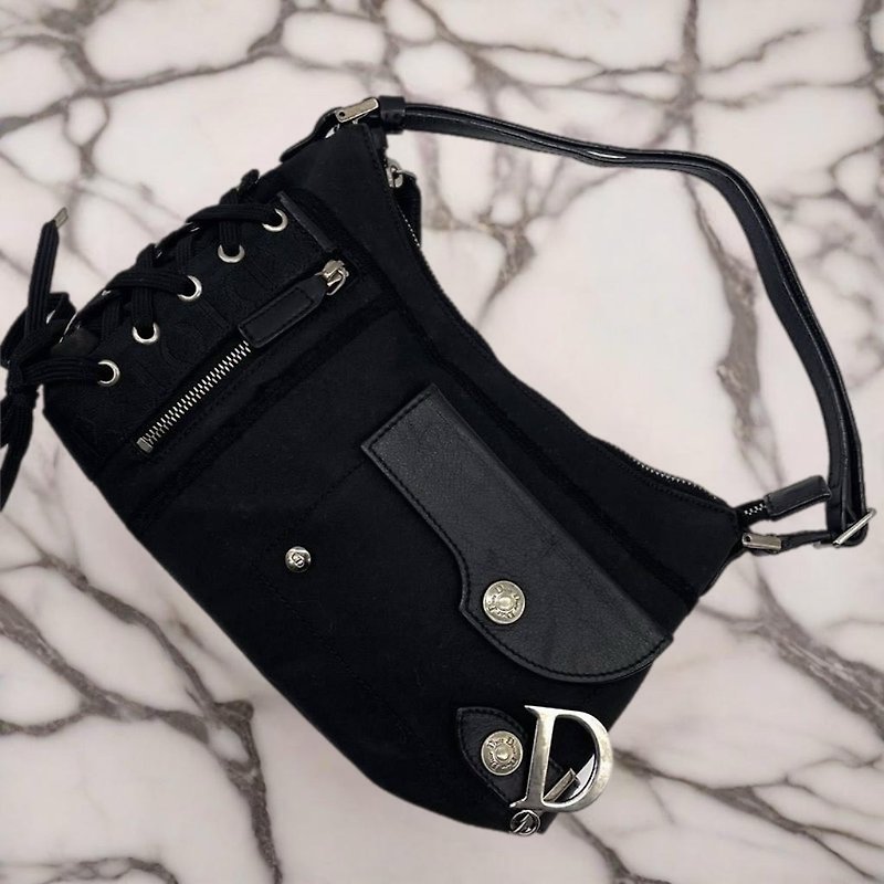 [LA LUNE] Rare second-hand Dior black punk shoulder bag - กระเป๋าแมสเซนเจอร์ - หนังแท้ สีดำ
