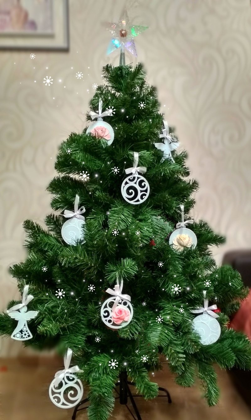 Set of 9 wooden christmas tree ornaments in blue color with 3D flowers and dot - 擺飾/家飾品 - 木頭 藍色