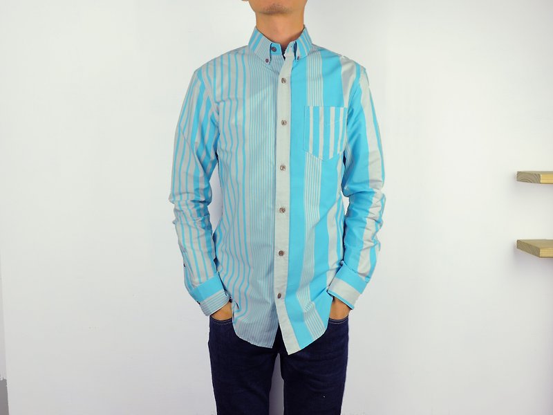 jainjain Reduced Handmade/Willful Experimental Handprint Shirt (Blue Stripes on Gray) - กางเกงขาสั้น - กระดาษ สีน้ำเงิน