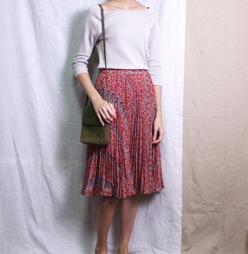FOAK vintage retro red flower painted pleated skirt - Skirts - Other Materials 