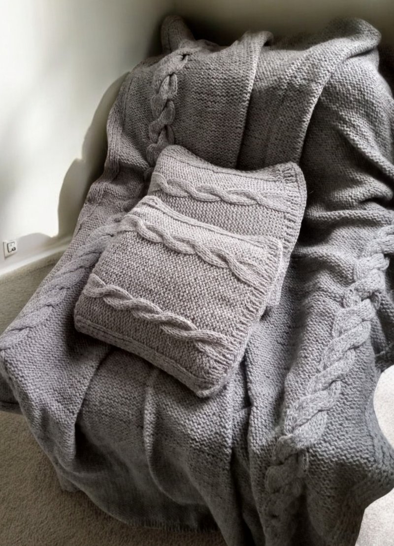 手工編織大型灰色羊毛毯  2 枕套   天然羊毛家居裝飾 - 棉被/毛毯 - 羊毛 灰色