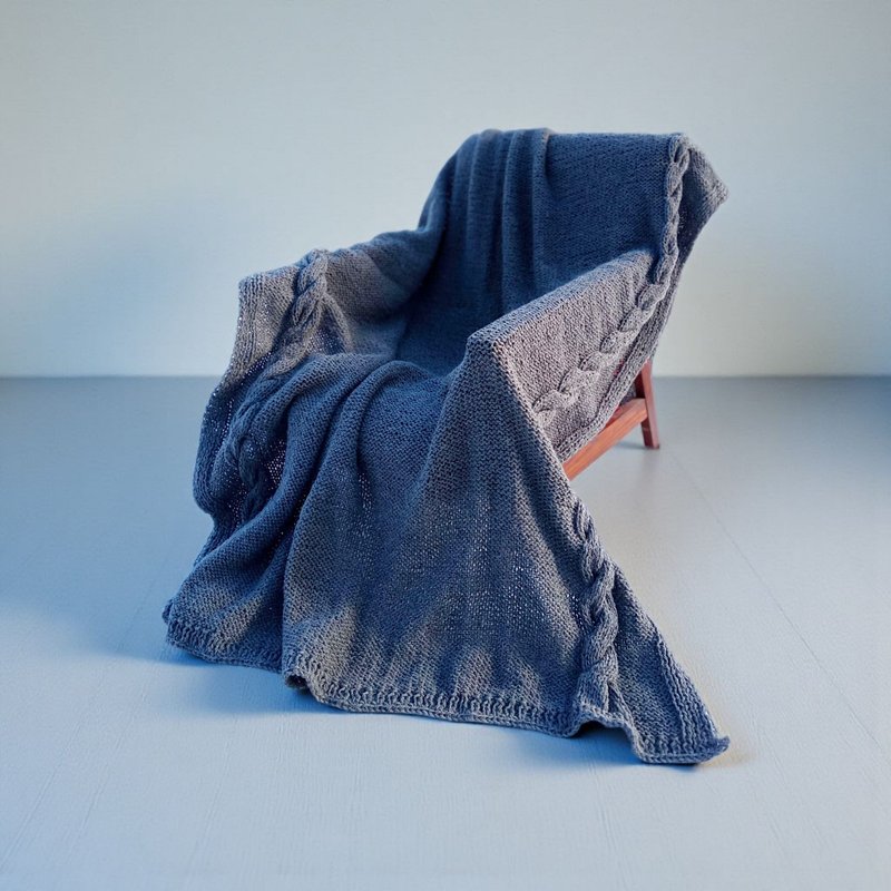 ハンドメイド大型ケーブル編みブランケット  2ピローケース   天然羊毛グレー - 毛布・かけ布団 - ウール グレー