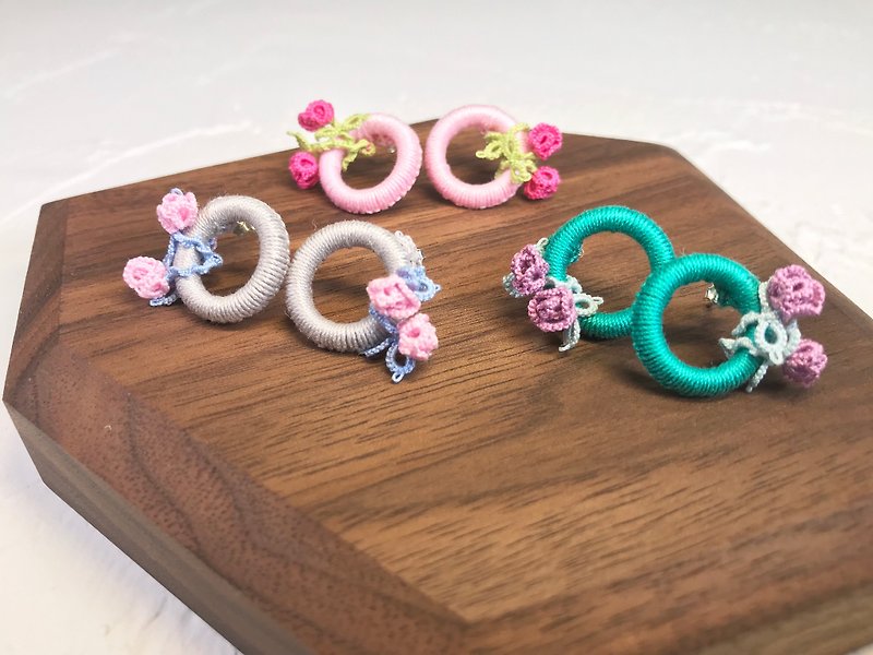 tatted rose earrings / gift / 925 silver earrings / customize - Earrings & Clip-ons - Cotton & Hemp Multicolor