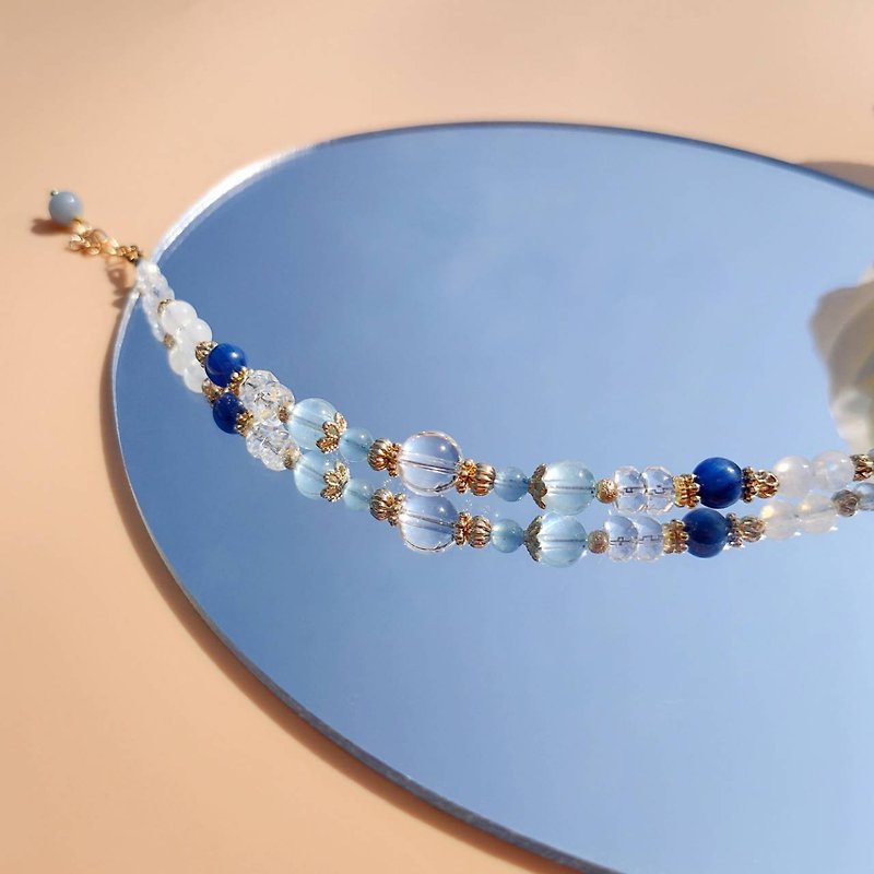 琉璃。濫觴 海水藍寶 白水晶 藍晶石 14K包金 水晶礦石設計手鍊 - 手鍊/手環 - 水晶 藍色