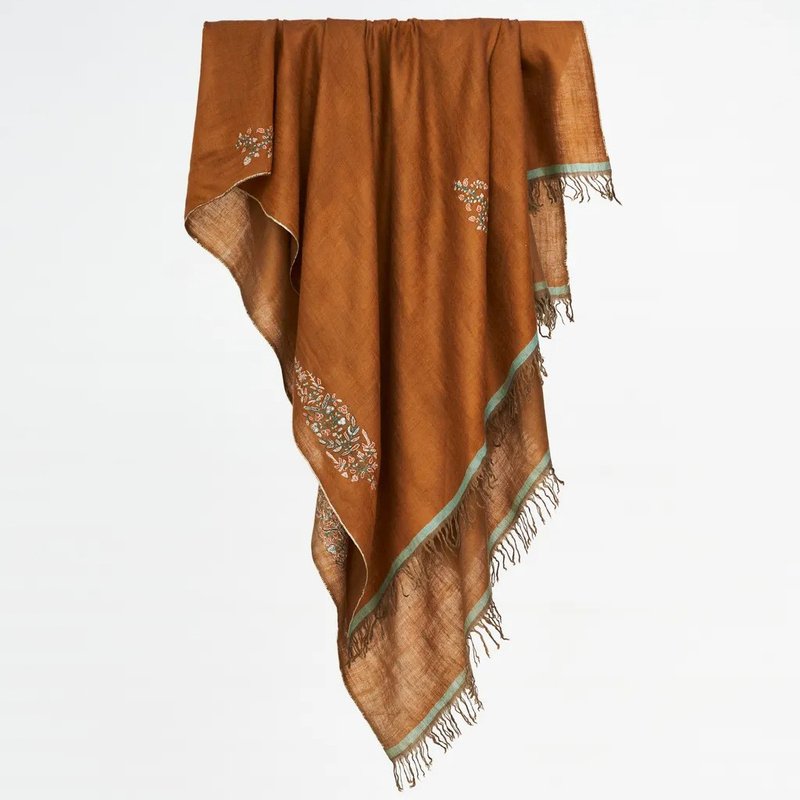 両面柿色手刺繍/カシミール手織りショール 100%パシュミナ - マフラー・ストール - ウール オレンジ