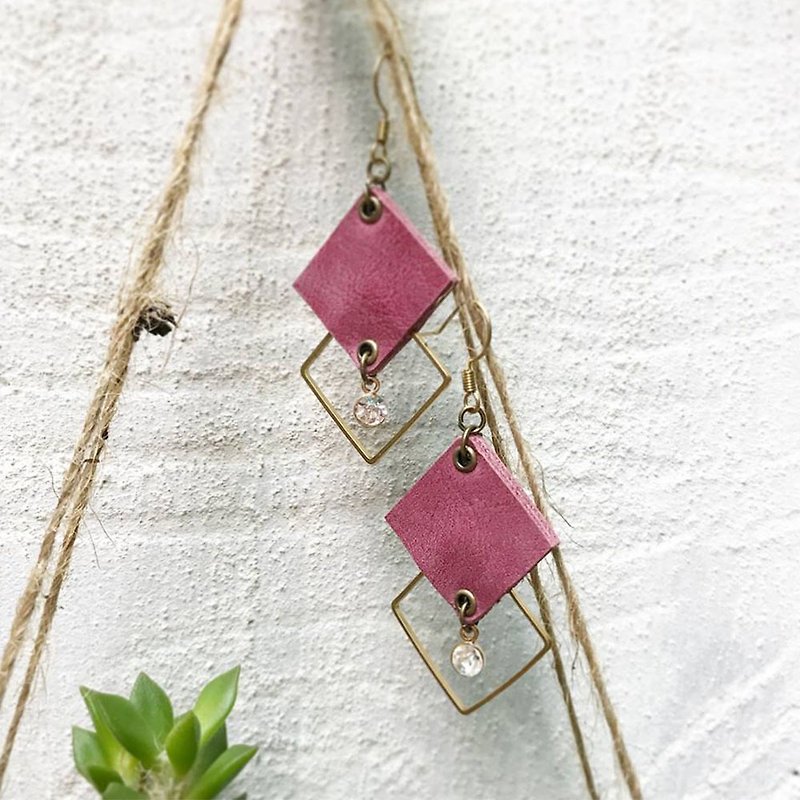 Leather Earrings / Brass Geometric Earrings - Rose - Earrings & Clip-ons - Genuine Leather Pink