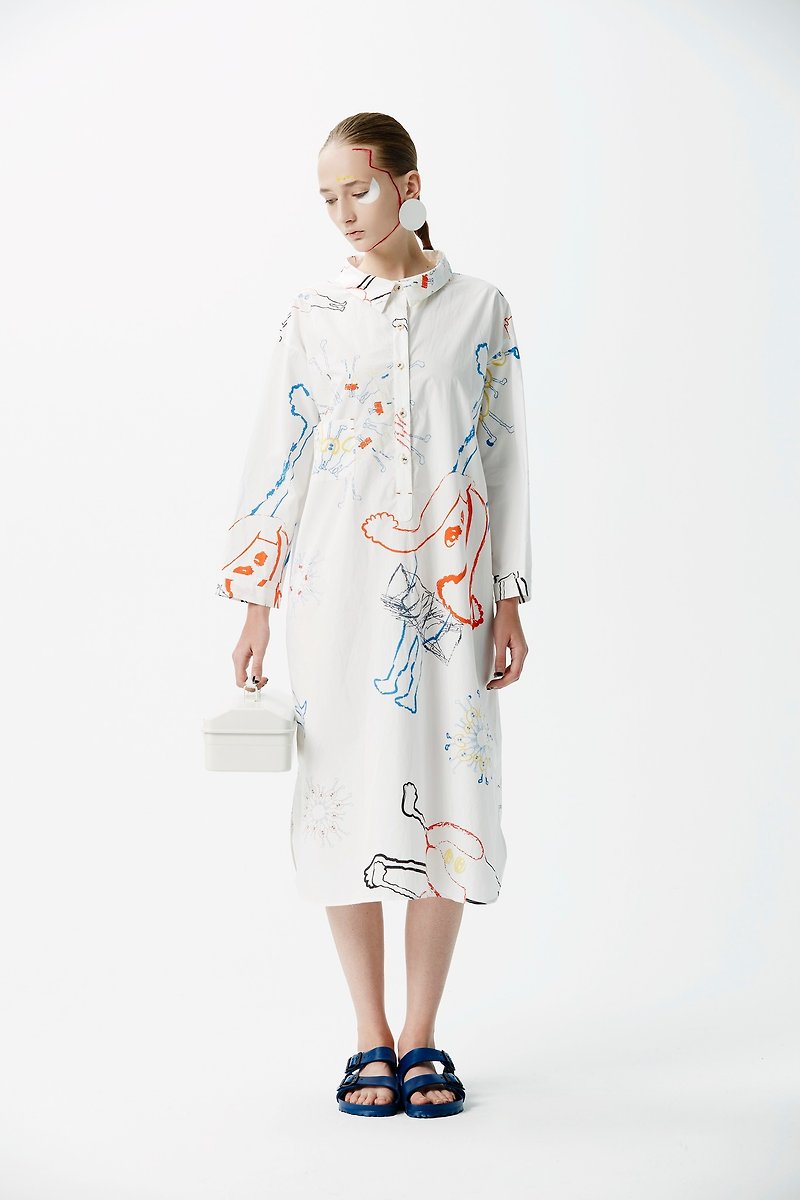 祚 - ロングシャツ風のドレスでオリジナルプリント - ワンピース - コットン・麻 多色