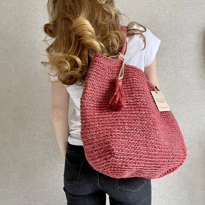 かぎ針編みのジュートバッグ、かぎ針編みのトートバッグ、かぎ針編みのショルダージュートバッグ、再利用可能なバッグ - トート・ハンドバッグ - サステナブル素材 
