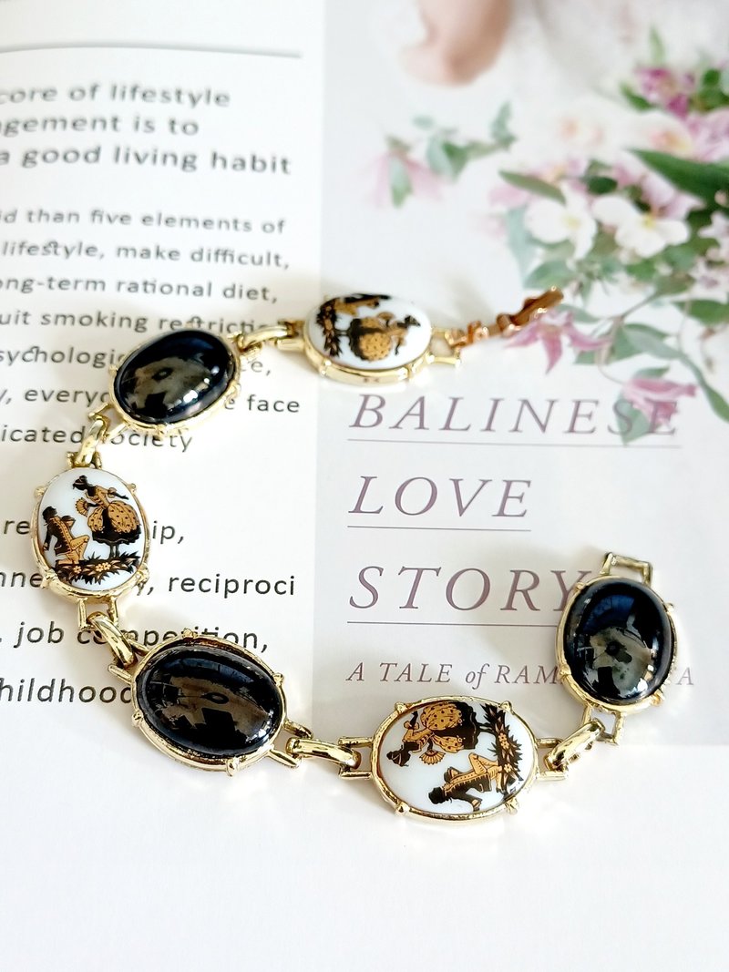 vintage jewelry 古典情侶瓷貼黑石手鍊 - 手鍊/手環 - 其他金屬 