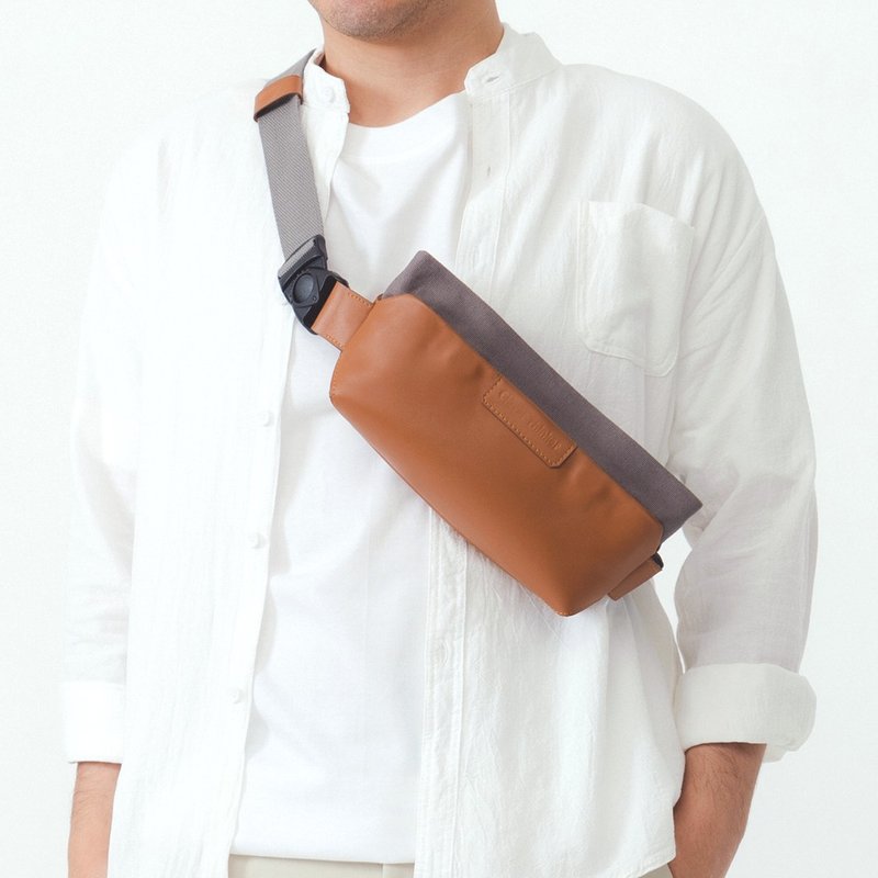 Urban-Sling Bag : Tan/Grey - 側背包/斜背包 - 真皮 灰色