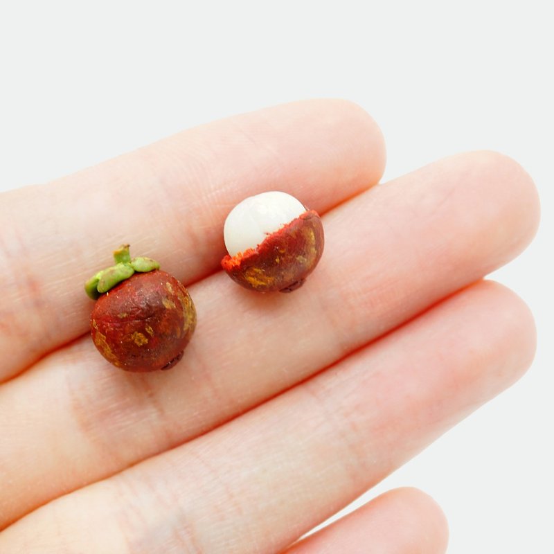 Super realistic mini mangosteen fruit jewelry sterling silver mangosteen necklace pendant ring clip-on earrings - Necklaces - Clay Brown