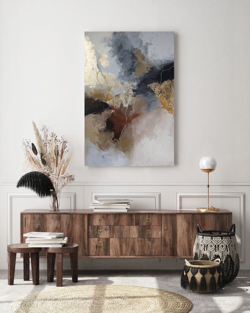 Gray Gold Painting | Gray Gold Abstract | Gray Gold Wall Art | Colours art| Rime - 壁貼/牆壁裝飾 - 棉．麻 灰色