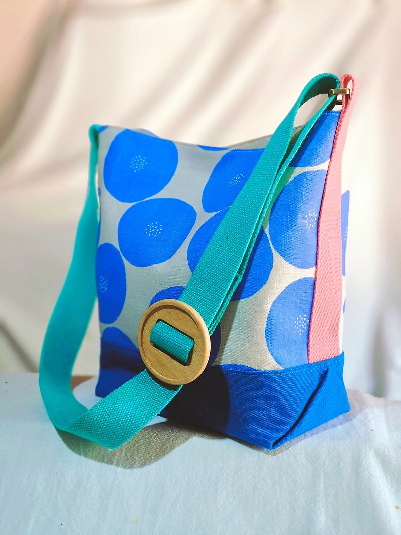Blue Japanese polkadot basket bag with adjustable strap - Handbags & Totes - Cotton & Hemp Blue