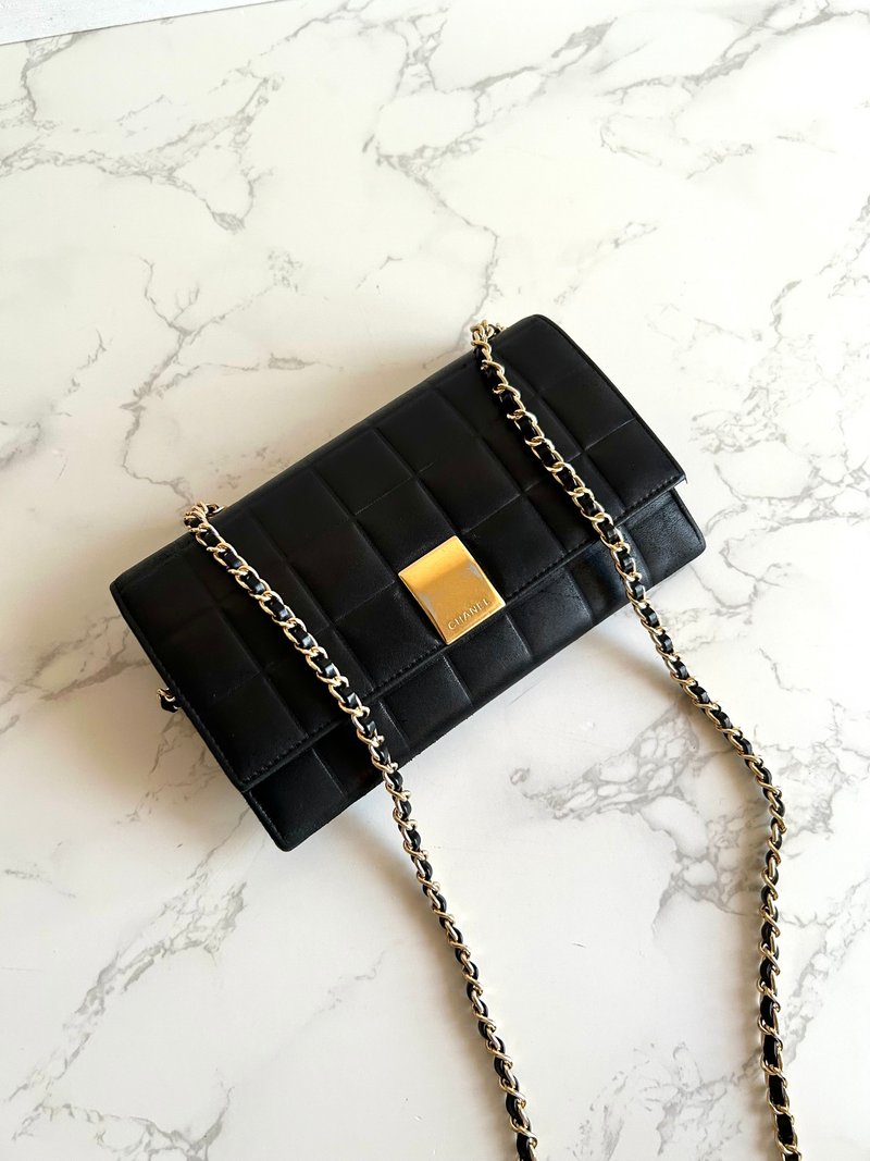 Rare second-hand Chanel black ice grid gold buckle WOC long clip wallet cross-body side shoulder bag - กระเป๋าแมสเซนเจอร์ - หนังแท้ สีดำ