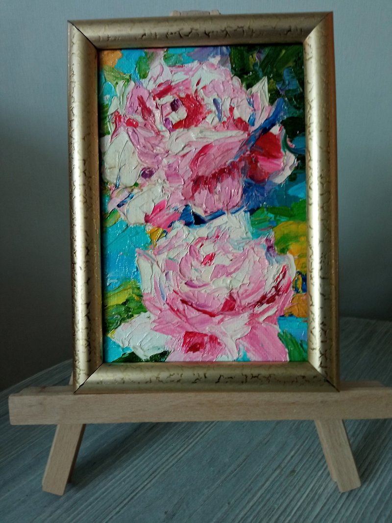 Abstract small painting Two roses Original art Pink flowers oil painting Framed - ตกแต่งผนัง - วัสดุอื่นๆ 
