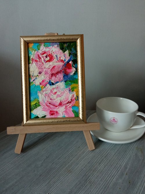 抽象的な小さな絵画 2 本のバラ オリジナルアート ピンクの花の