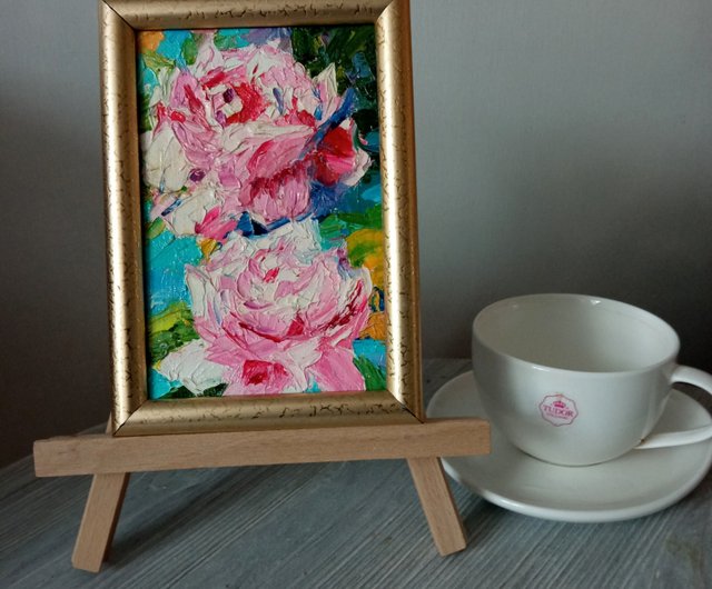 抽象的な小さな絵画 2 本のバラ オリジナルアート ピンクの花の
