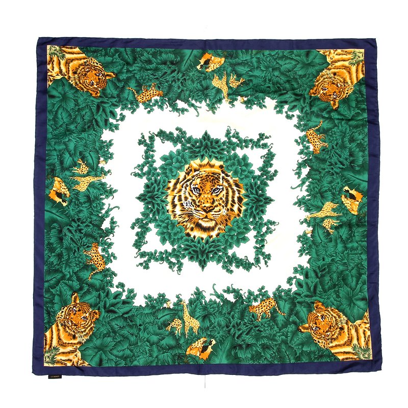 Ancient】 【egg plant rainforest tiger pure silk printing vintage silk scarves - Scarves - Silk Green