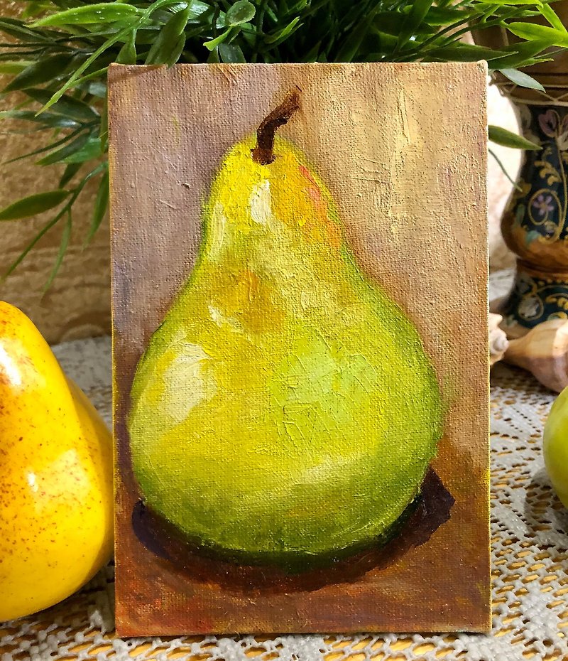 Green Pear oil painting, Fruit, Kitchen Still Life, Small Painting, Hand painted - โปสเตอร์ - ผ้าฝ้าย/ผ้าลินิน 