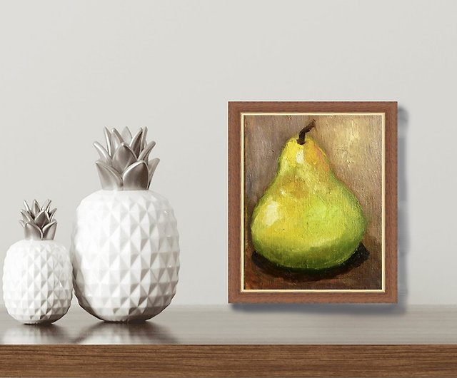 Pear painting Original art Fruit painting Food still life Kitchen wall art lmpasto painting Small painting by KatKipArt