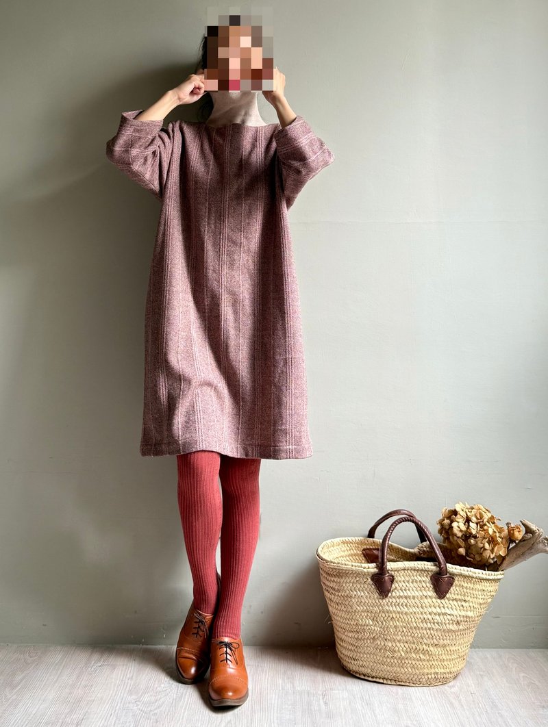 Acacia Tree / Dusty Rose Jacquard Stripe Wool 3/4 Sleeve Straight Fit Cropped Dress WOOL - Women's Tops - Cotton & Hemp 