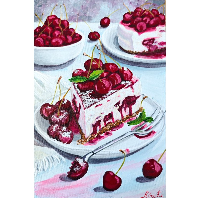 原創櫻桃蛋糕繪畫 美食藝術 甜點靜物 作者  RinaArtSK - 壁貼/牆壁裝飾 - 其他材質 多色