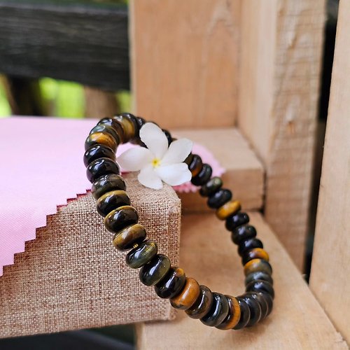 galaxyshop Stone Bracelet Tiger's Eye Yellow & Black Real Natural Abacus Shape Size 8 mm