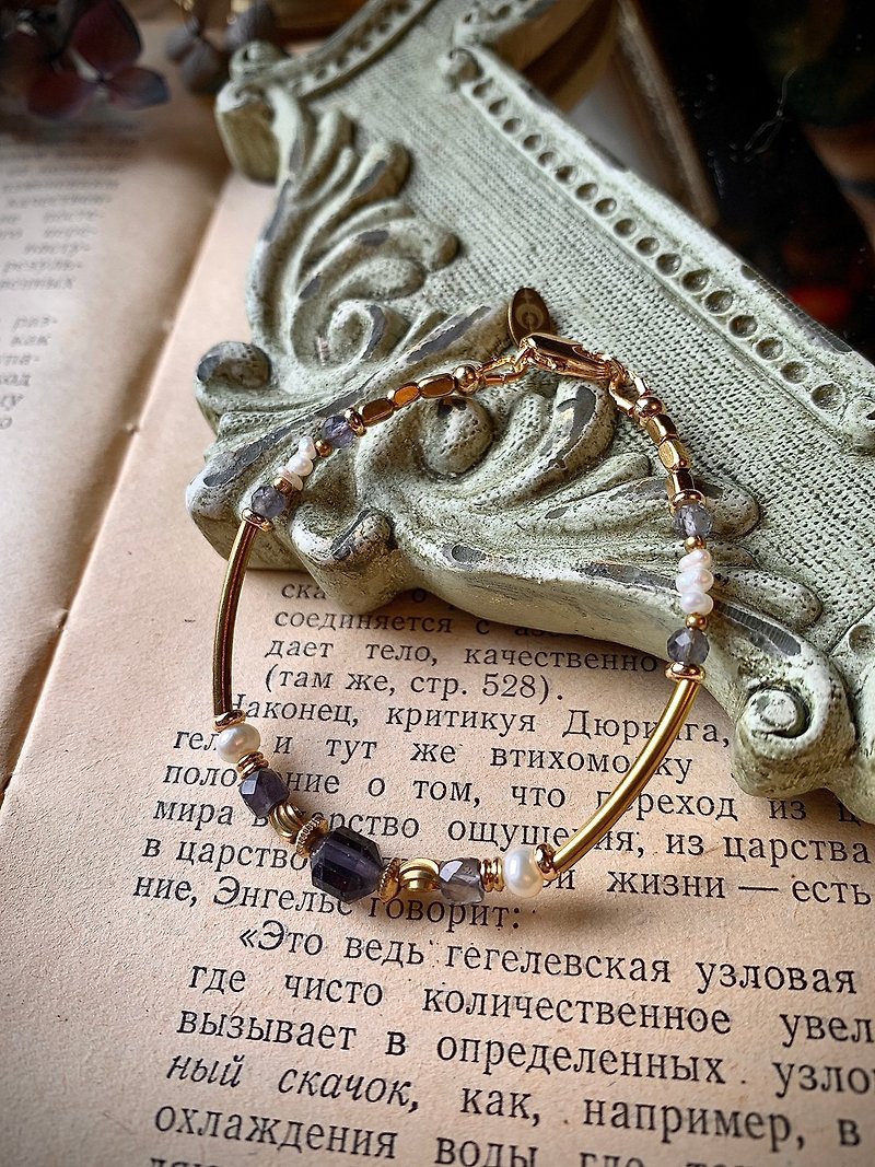 -Collector-Natural Crystal Bracelet Cordierite Natural Freshwater Pearl Vintage Bronze Bracelet - Bracelets - Crystal Blue