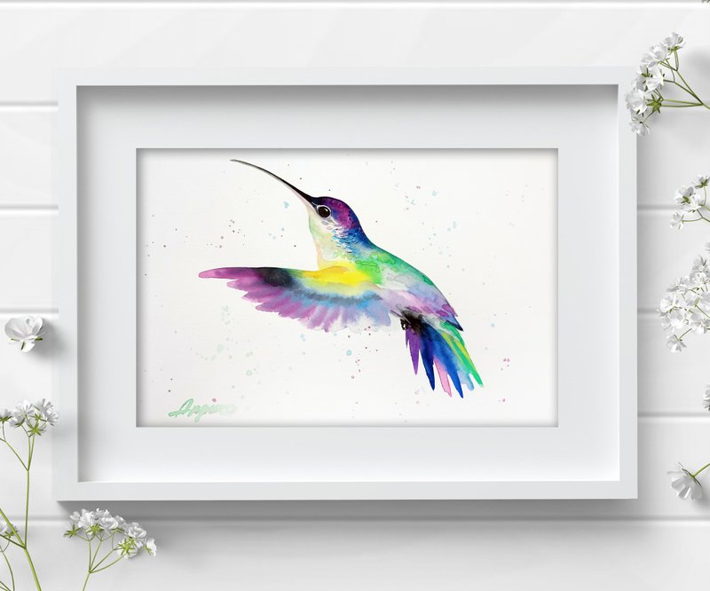 Watercolor original hummingbird bird aquarelle decor painting by Anne Gorywine - ตกแต่งผนัง - กระดาษ ขาว