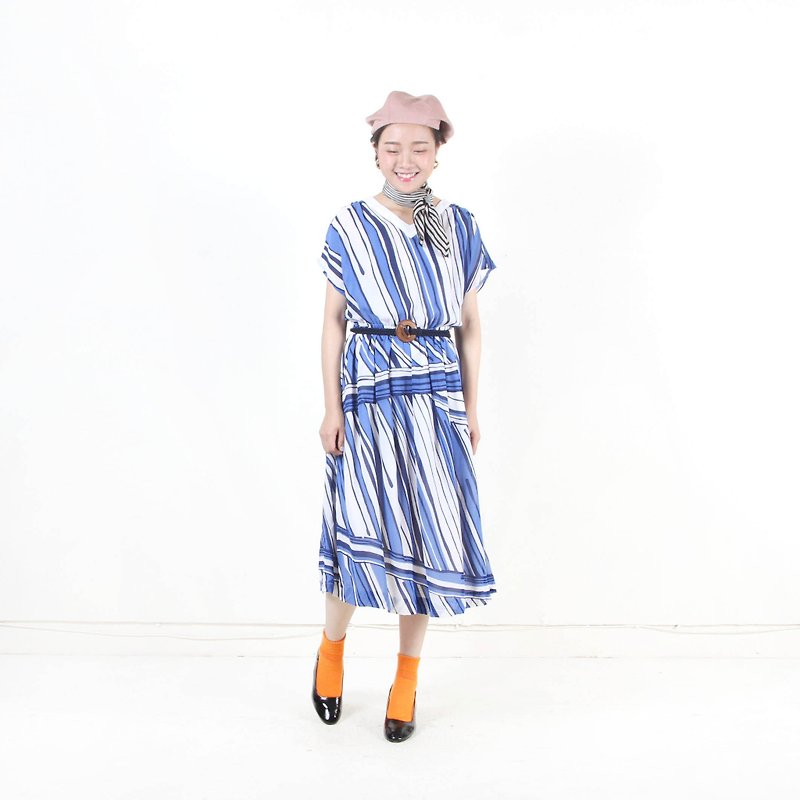 [Eggs and plants vintage] large ocean stream printing short-sleeved vintage dress - One Piece Dresses - Polyester Blue