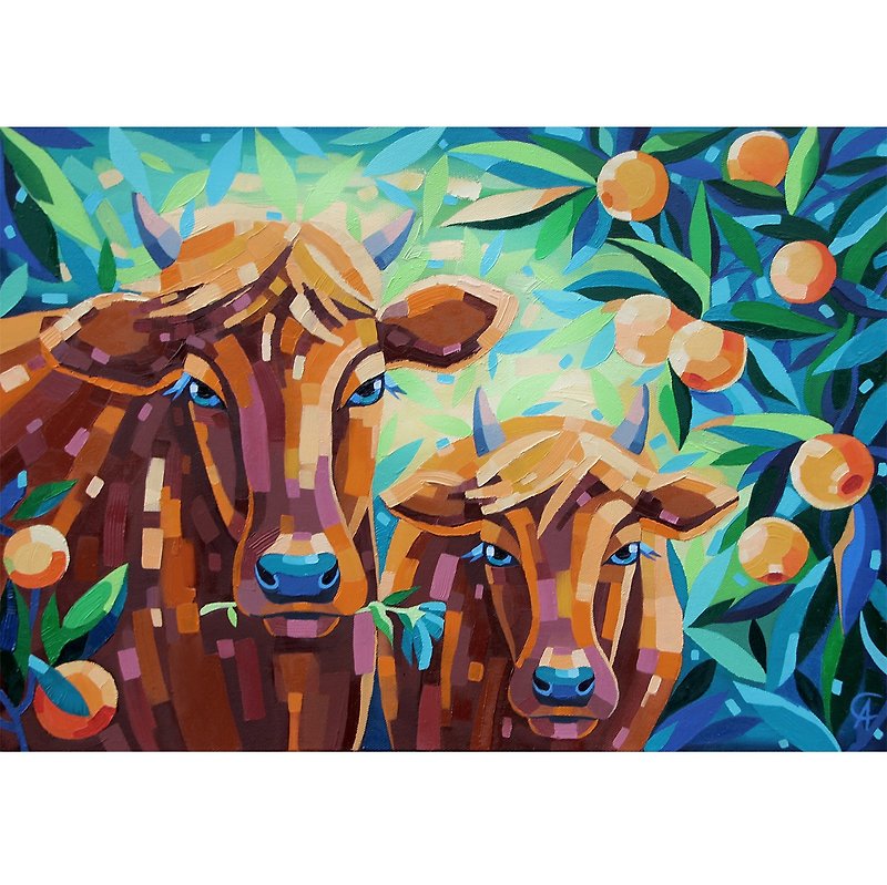 Cow Painting Animal Original Art Fruit Artwork Farm Wall Decor Oil Canvas - โปสเตอร์ - วัสดุอื่นๆ หลากหลายสี