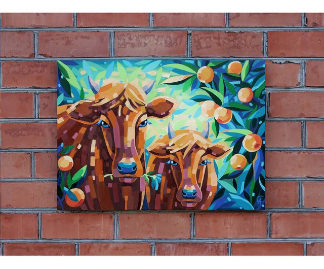 牛の絵画 動物 オリジナルアート フルーツアートワーク 農場 壁