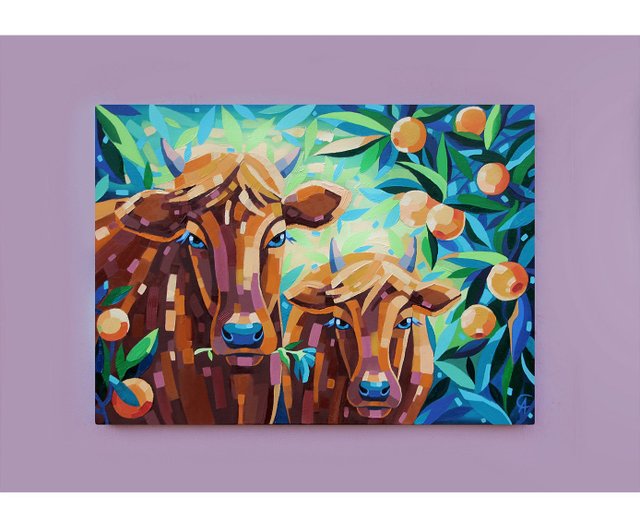 牛の絵画 動物 オリジナルアート フルーツアートワーク 農場 壁