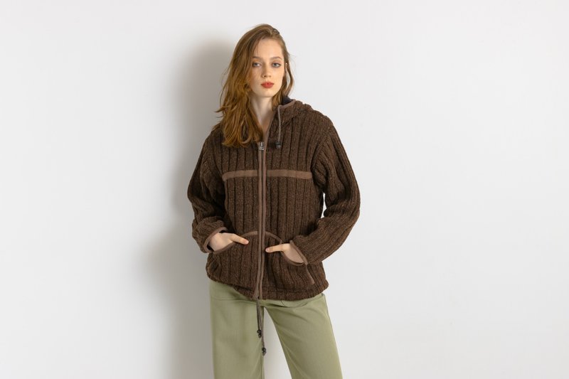70s Vintage Nepal Handknitted Wool Sweater Knitwear Zip Jacket Cardigan 7491 - 女大衣/外套 - 羊毛 咖啡色