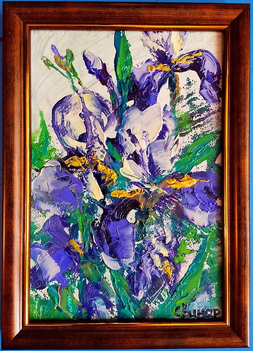 Original oil painting artist Svinar Oksana Oil Painting Irises Flowers Landscape Impasto Framed Original Artist Svinar Oksa