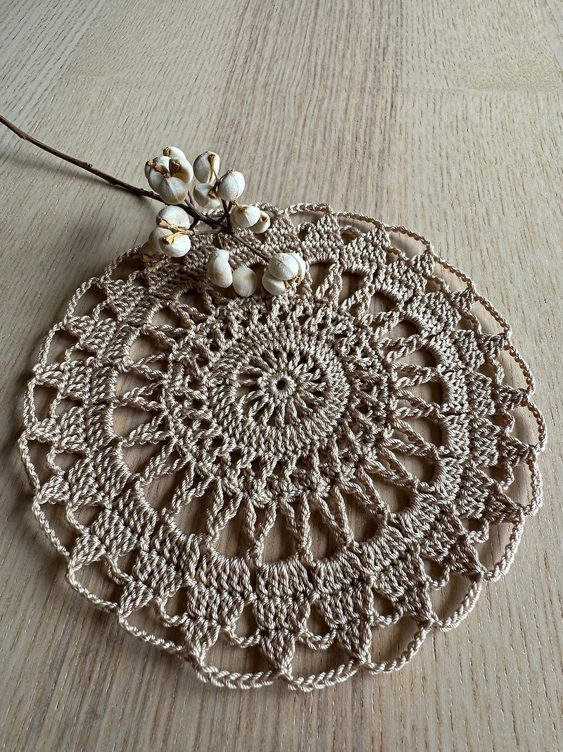 Handwoven pure cotton lace mat coaster jewelry mat mineral mat - ที่รองแก้ว - ผ้าฝ้าย/ผ้าลินิน สีกากี