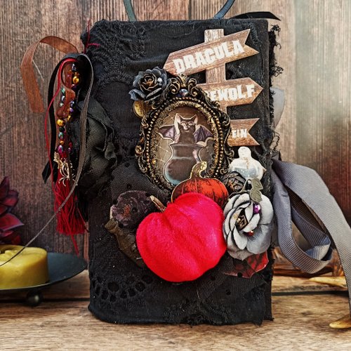 junkjournals Gothic Halloween junk journal completed Witch cat spooky dark castle notebook