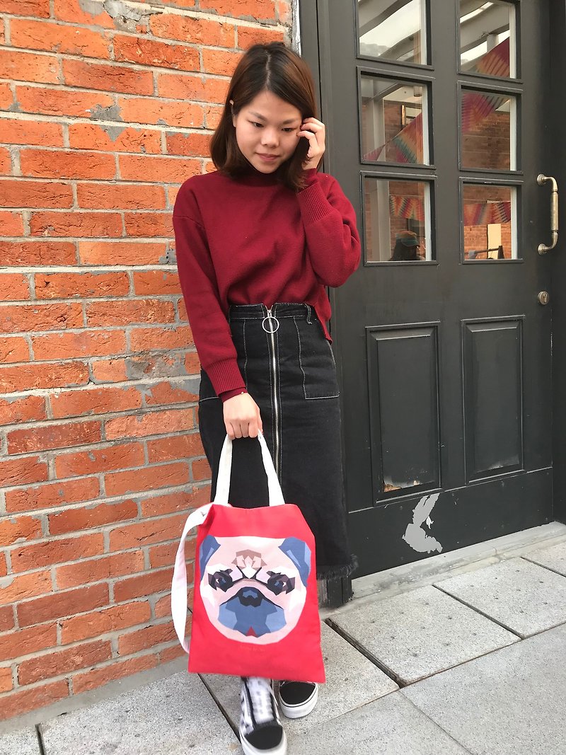 Pug geometric pattern tote bag - Handbags & Totes - Cotton & Hemp Red