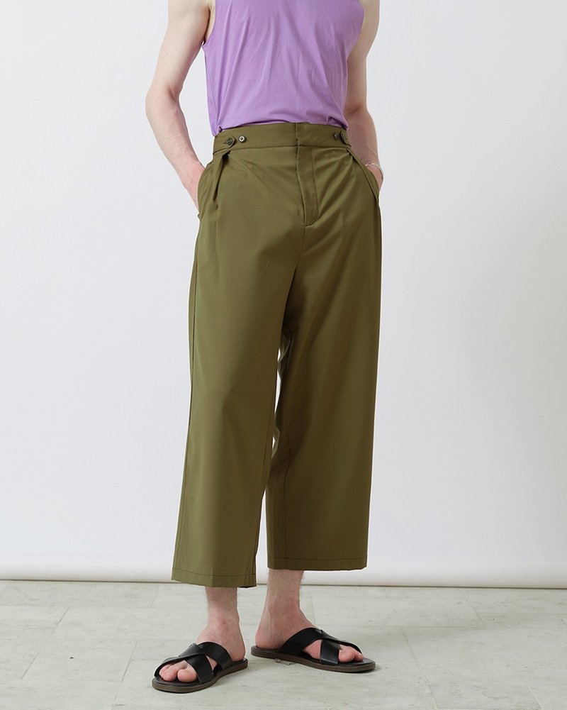 GRAINMUSTARD Olive Green Elastic Waist Simple Trousers Straight Solid Color Hanging Feet Casual Cropped Pants Spring and Summer - กางเกงขายาว - เส้นใยสังเคราะห์ สีเขียว