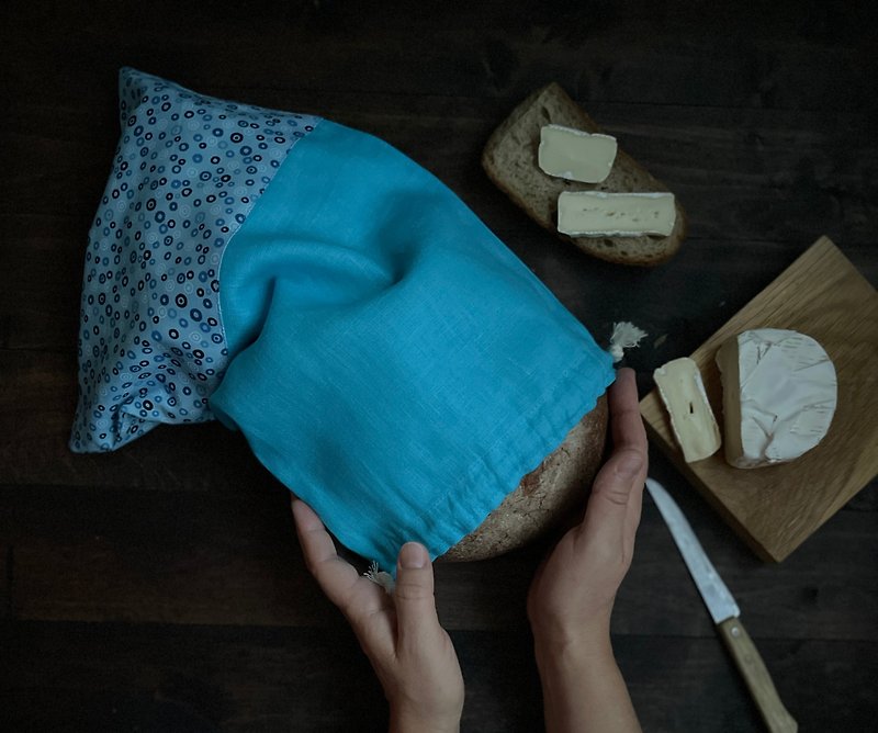 リネンの再利用可能な巾着サワードウブレッドバッグ、コテージスタイル、お母さんへのギフト - 調味料入れ - フラックス ブルー