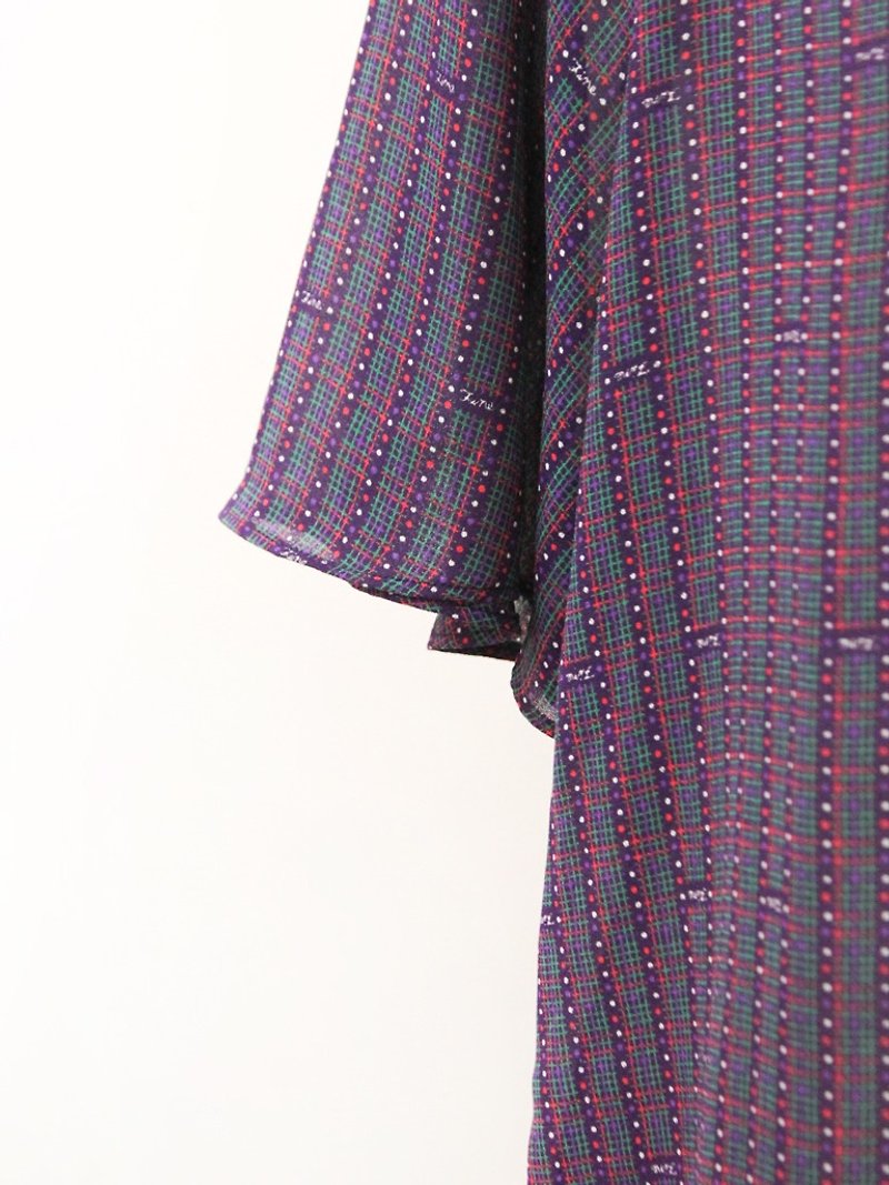 Retro Geometric Dot Short Sleeve Purple Vintage Shirt Vintage Blouse - เสื้อเชิ้ตผู้หญิง - เส้นใยสังเคราะห์ สีม่วง