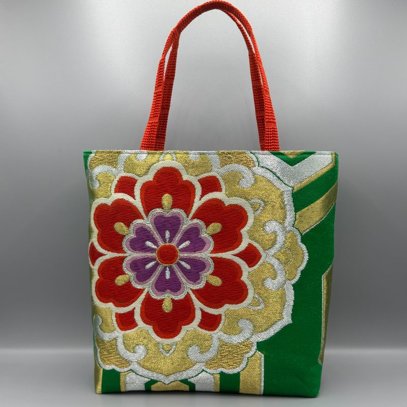 着物 帯 帯締め リメイク トートバッグ ハンドメイド 緑 - 手提包/手提袋 - 絲．絹 綠色