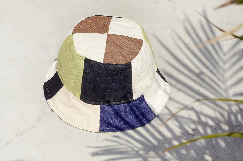 Tanabata gift limited a land forest wind splicing hand-woven cotton hat / fisherman hat / sun hat / patch cap / hand cap - national wind contrast color splicing handmade cap - Hats & Caps - Cotton & Hemp Multicolor