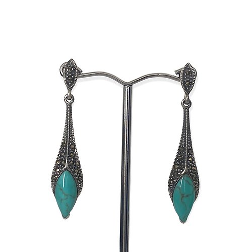 alisadesigns Art Deco Style Long Drop Earrings Turquoise and Marcasite 925 Sterling Silver