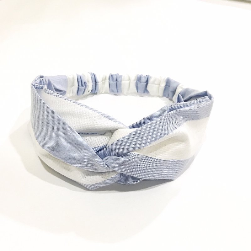 Striped light blue / manual elastic ribbon - เครื่องประดับผม - ผ้าฝ้าย/ผ้าลินิน สีน้ำเงิน