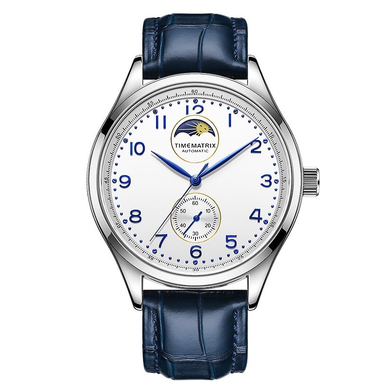 TimeMatrix男士機械腕手錶通勤經典情人聖誕節禮物防水真皮日月相 - 男裝錶/中性錶 - 不鏽鋼 藍色